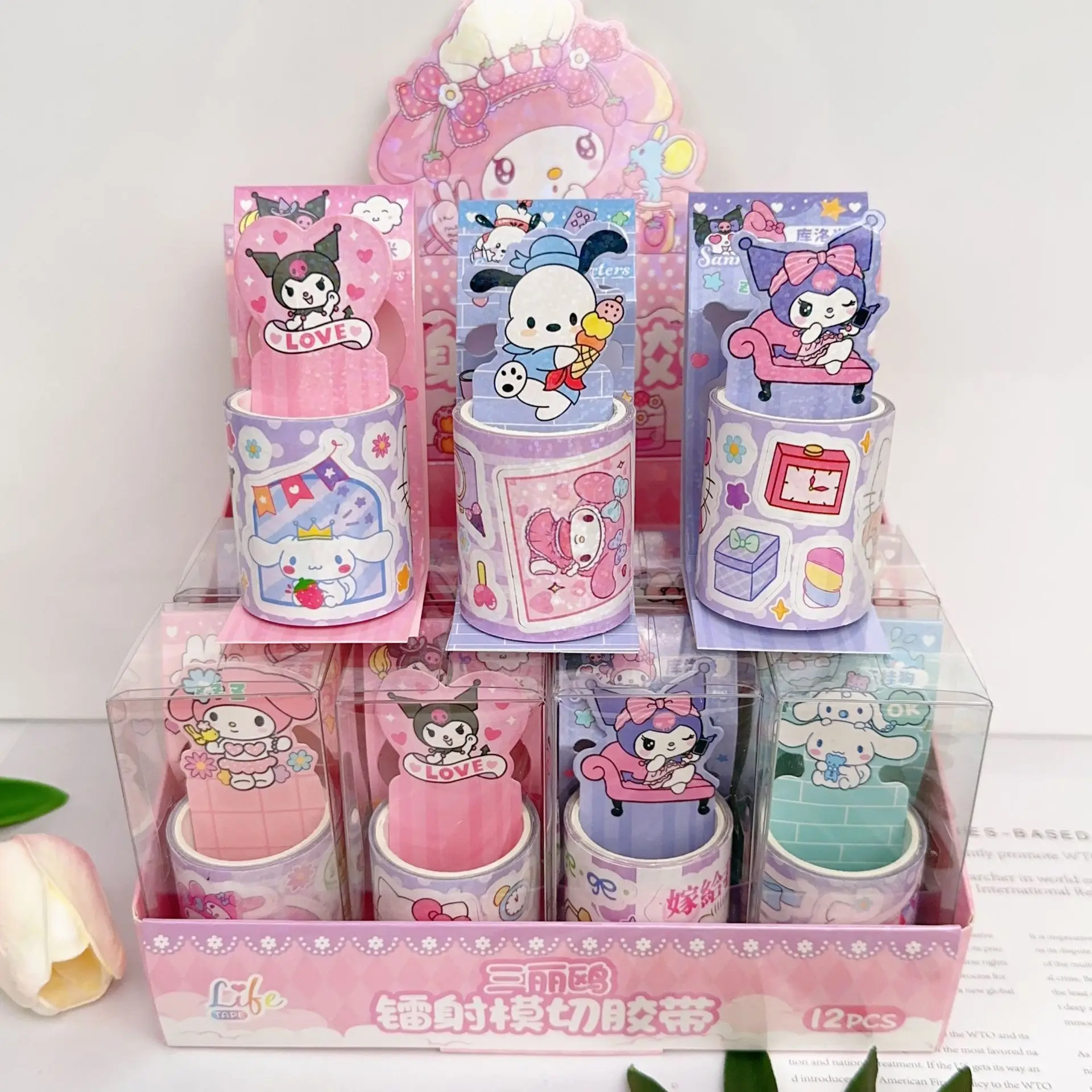 2024 Sanrio New Cartoon Laser Tape Cute Girl Diy Handbook Sticker Decorative Stationery Set Student Supplies Gift Wholesale