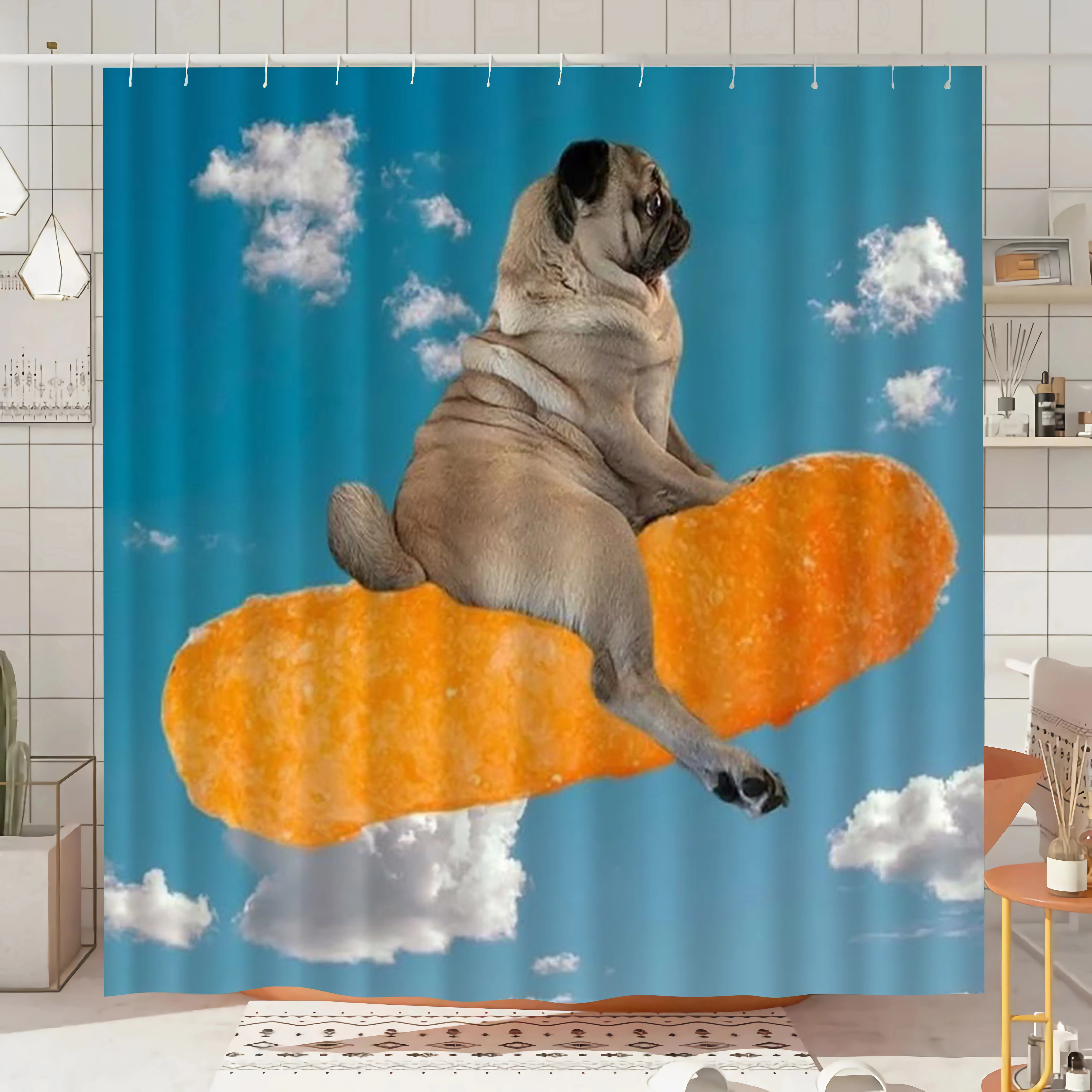 Funny Pug Shower Curtain - Dog on Flying Biscuit, Cute Pet Art, Sky Cloud Background, Humor Bathroom Decor