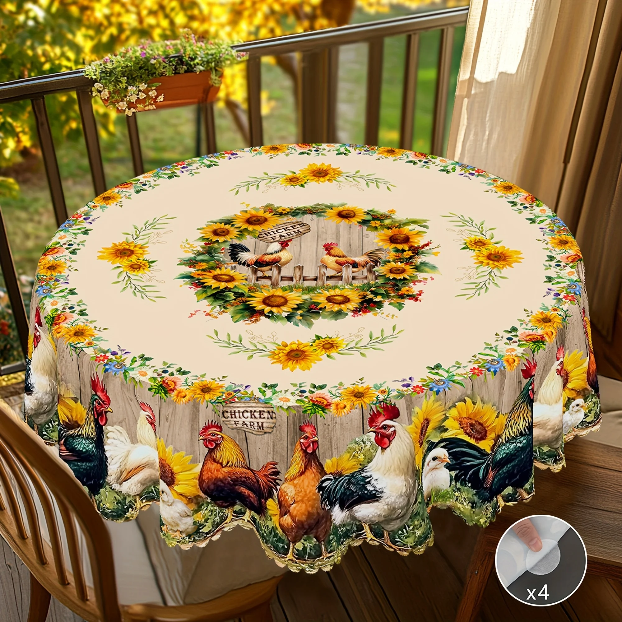 1 Piece Of Themed Tablecloth In Rural Farmhouse Style, Chicken Coop, Sunflower, Rooster Pattern Design, Circular Rectangular