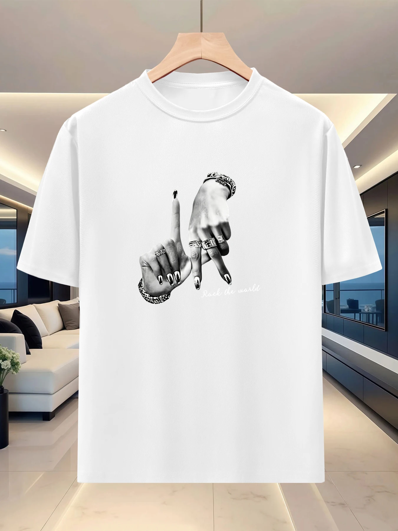 Minimally artistic men's shoulder down short sleeved shirt with spring and summer niche pattern printed casual T-shirt