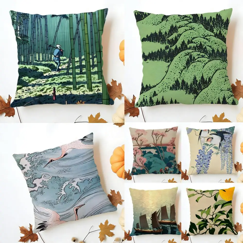 Traditional Japanese Art Hokusai Ohara Koson Cushion Cover Sofa Home Decor Living Room Accessory Holiday House Cushion Shell