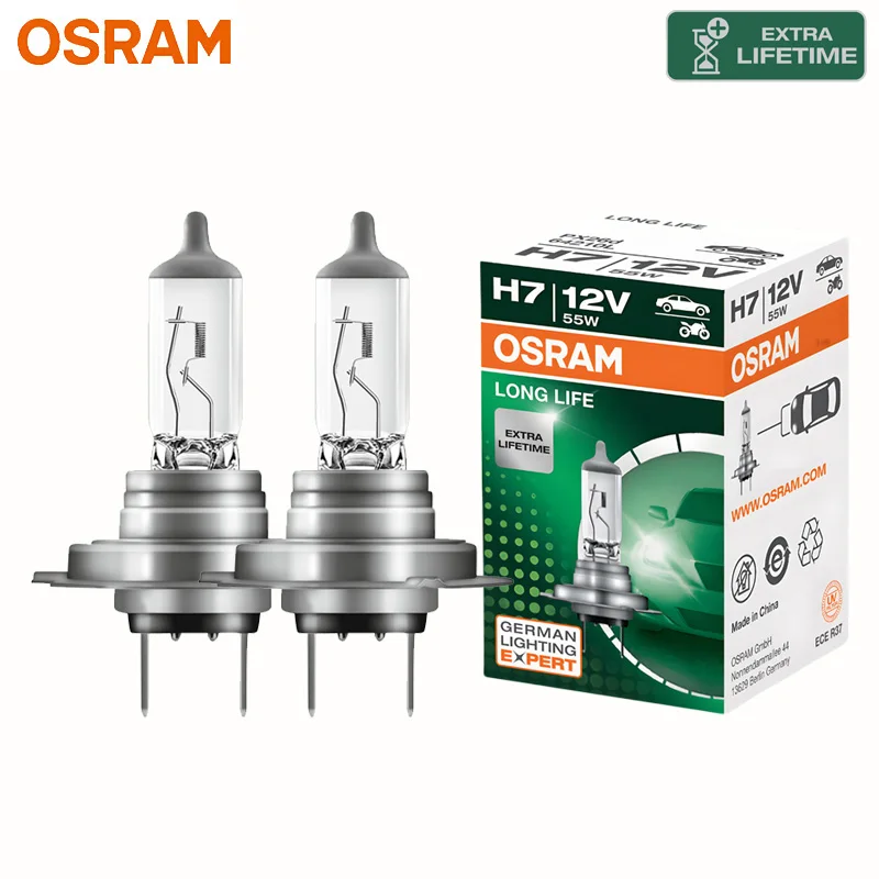 OSRAM H7 Long Life Car Halogen Headlight 3200K Bright Warm White High Low Beam 12V 55W PX26d Base Durable Original Bulbs,1X/2X