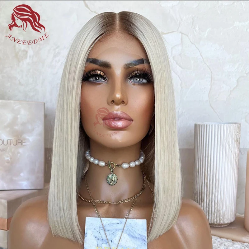 Glueless Wig Human Hair Lace Front Virgin Brazilian Hair Straight Short Bob Omber Ash Blonde Transparent Lace Baby Hairs