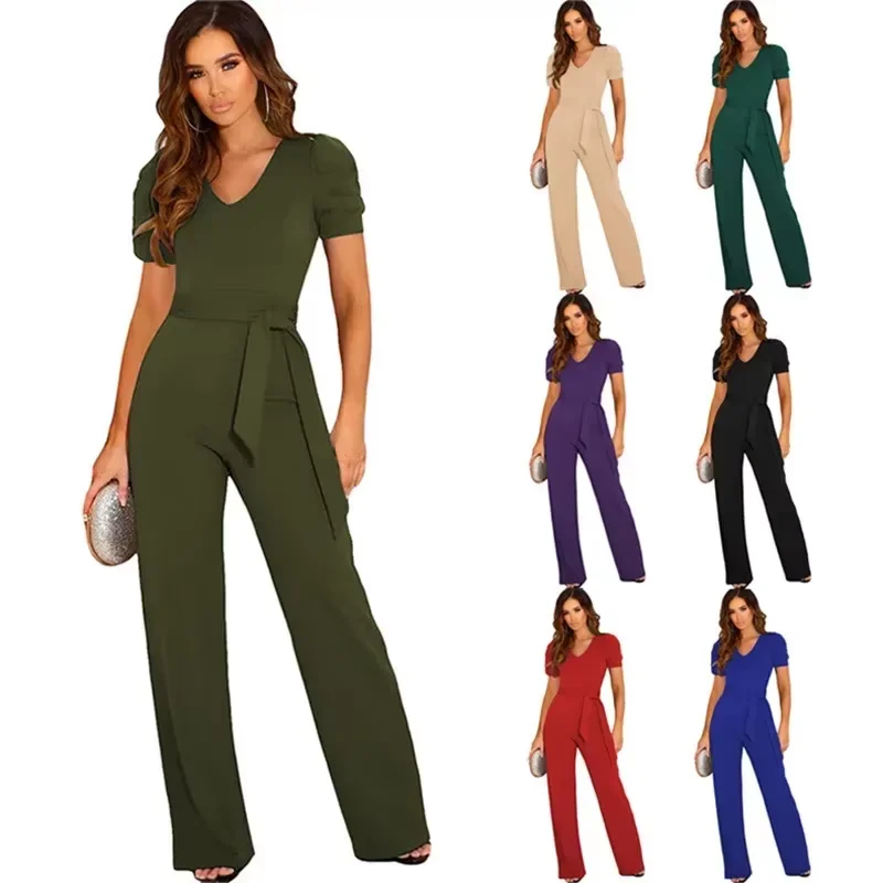 

Summer 2025 Women's Solid Color V-neck Jumpsuit with Waist Strap Short Sleeve Wide Leg Long Pants Fashionable Wrap Style