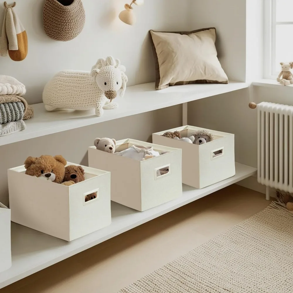 صناديق تخزين قماشية قوية للأرفف - مثالية لتنظيم الألعاب والملابس والكتب (مجموعة من 3 قطع، بيج)