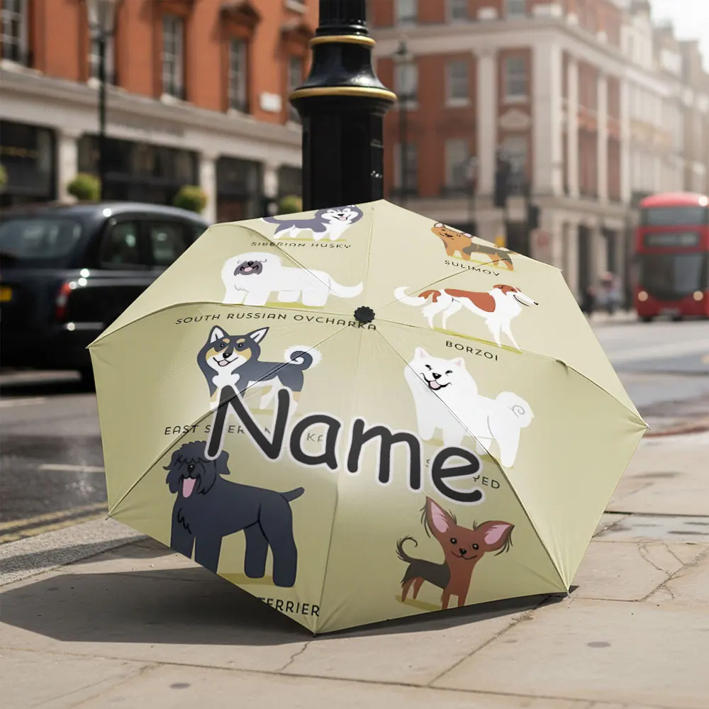 Custom Name umbrella, Russian Dog Breeds Illustrated Fashion Folding Umbrella for Sunny and Rainy Days, Christmas Gift