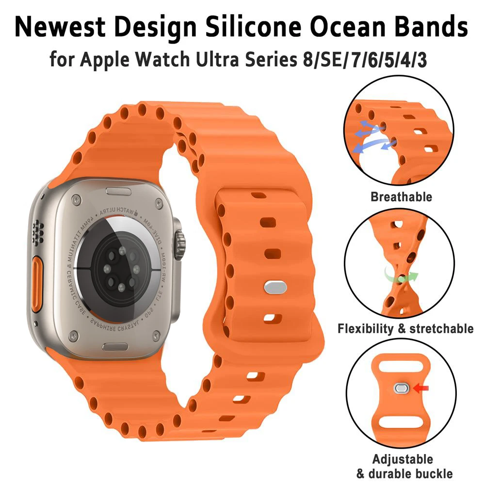 Ремешки Ocean для Apple Watch Band Ultra 2 49 мм 45 мм 44 мм 46 мм 40 мм 41 мм 42 мм Силиконовый спортивный браслет iWatch серии 10 9 8 7 se 6