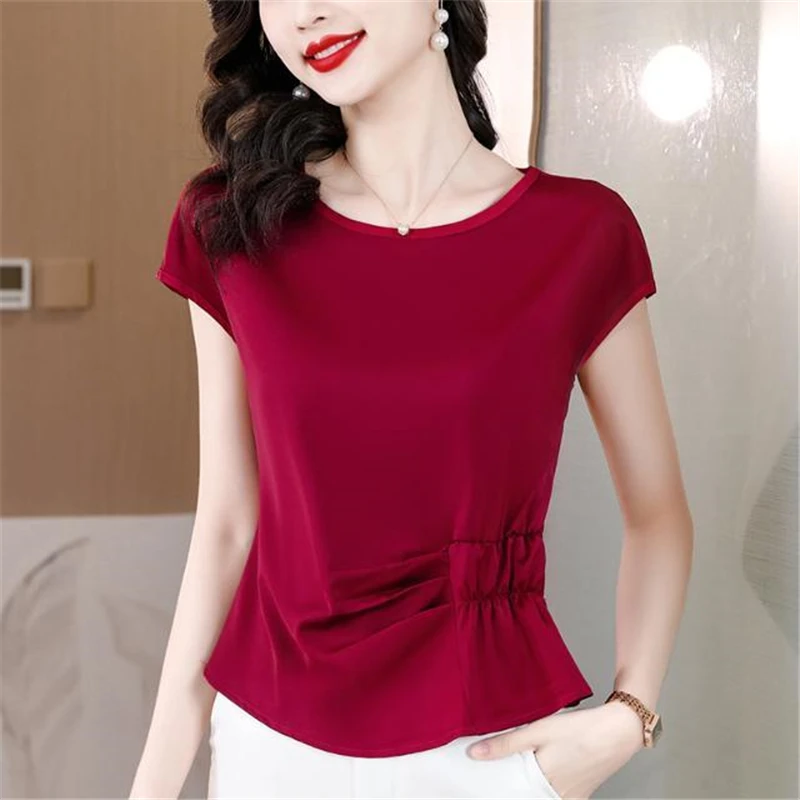 2023 Summer Women High Quality Satin Ruffled Elegant T Shirt Fashion Office Ladies O Neck Solid Short Sleeve Tops Ropa De Mujer