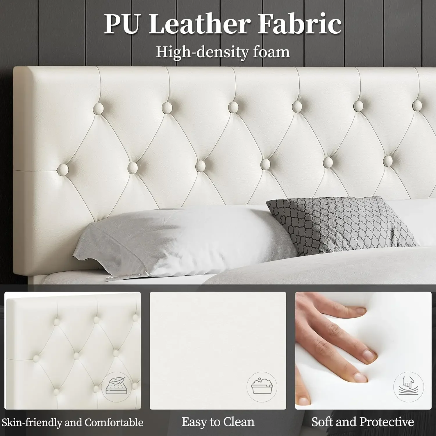 Queen bed frame with adjustable diamond button cluster headboard/3 drawer storage space, beige queen bed