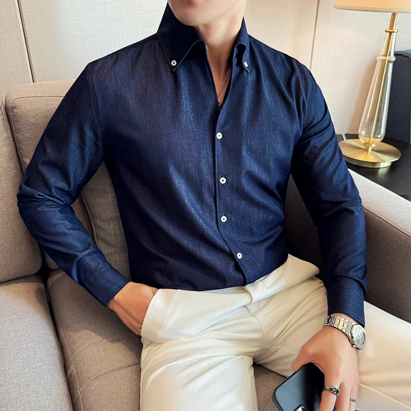 Camisa vaquera de alta calidad para hombre, camisa informal de manga larga a la moda, blanca, camisa de caballero, Top informal de moda joven, exquisito