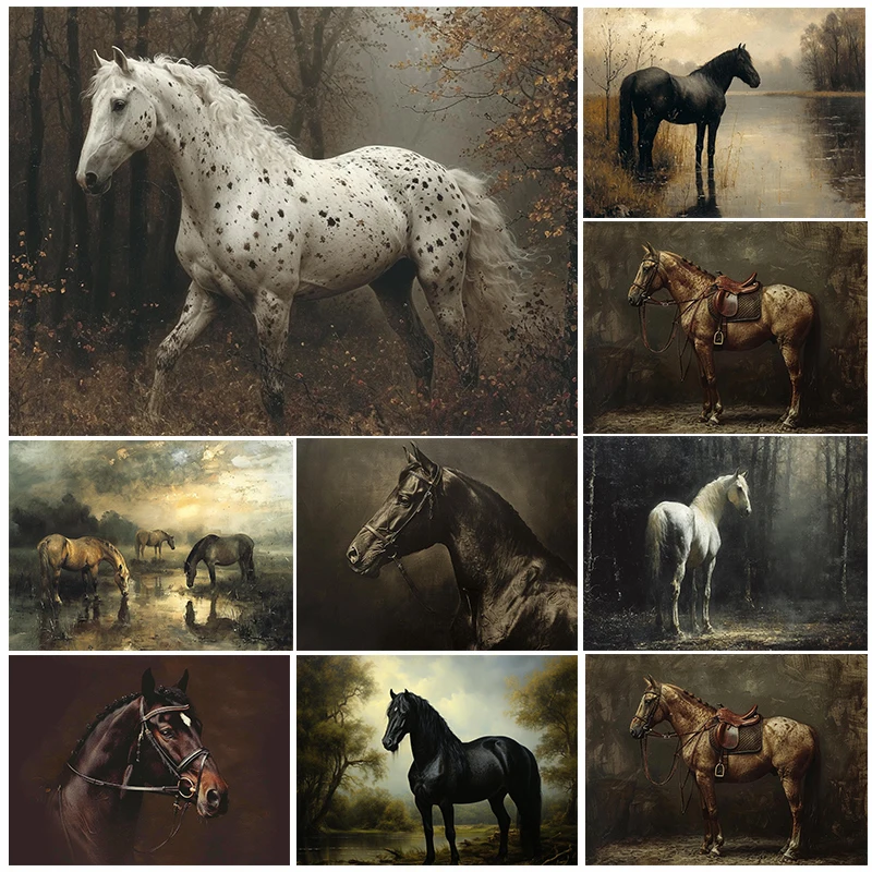 1PC Frameless  Vintage Rustic Horse Posters Farmhouse Artwork Forest White Horse Prints Canvas Painting Wall Art Picture Home Li