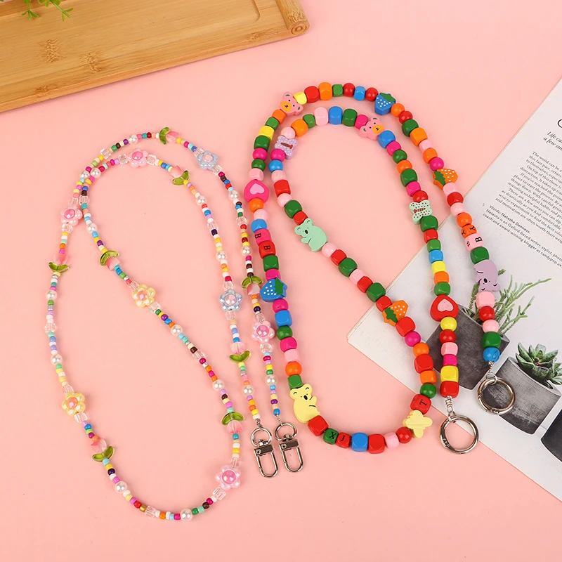 1PC Bohemia Phone Case Anti-Loss Hanging Ornaments Strap Keychain Colorful Flower Butterfly Beaded Acrylic Phone Lanyard Rope
