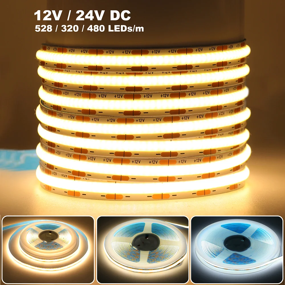 

DC 12V 24V COB LED Strip Light 320 480 528 LEDs Flexible Tape High Density Linear Lighting Warm White 8mm PCB 0.5m 1m 2m 5m 10m