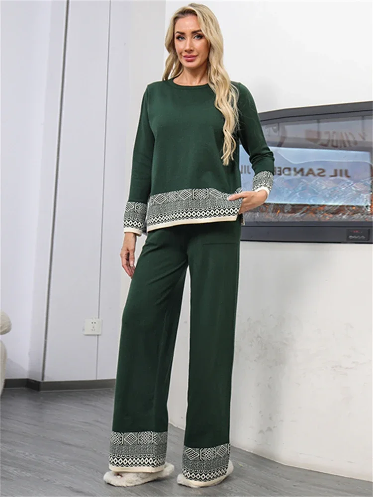 Women Sweater Winter 2 Piece Sets Elegnat Knitted Suits Female Sweaters Vintage Womens Pants High Waist Autumn Vintage Vestidos