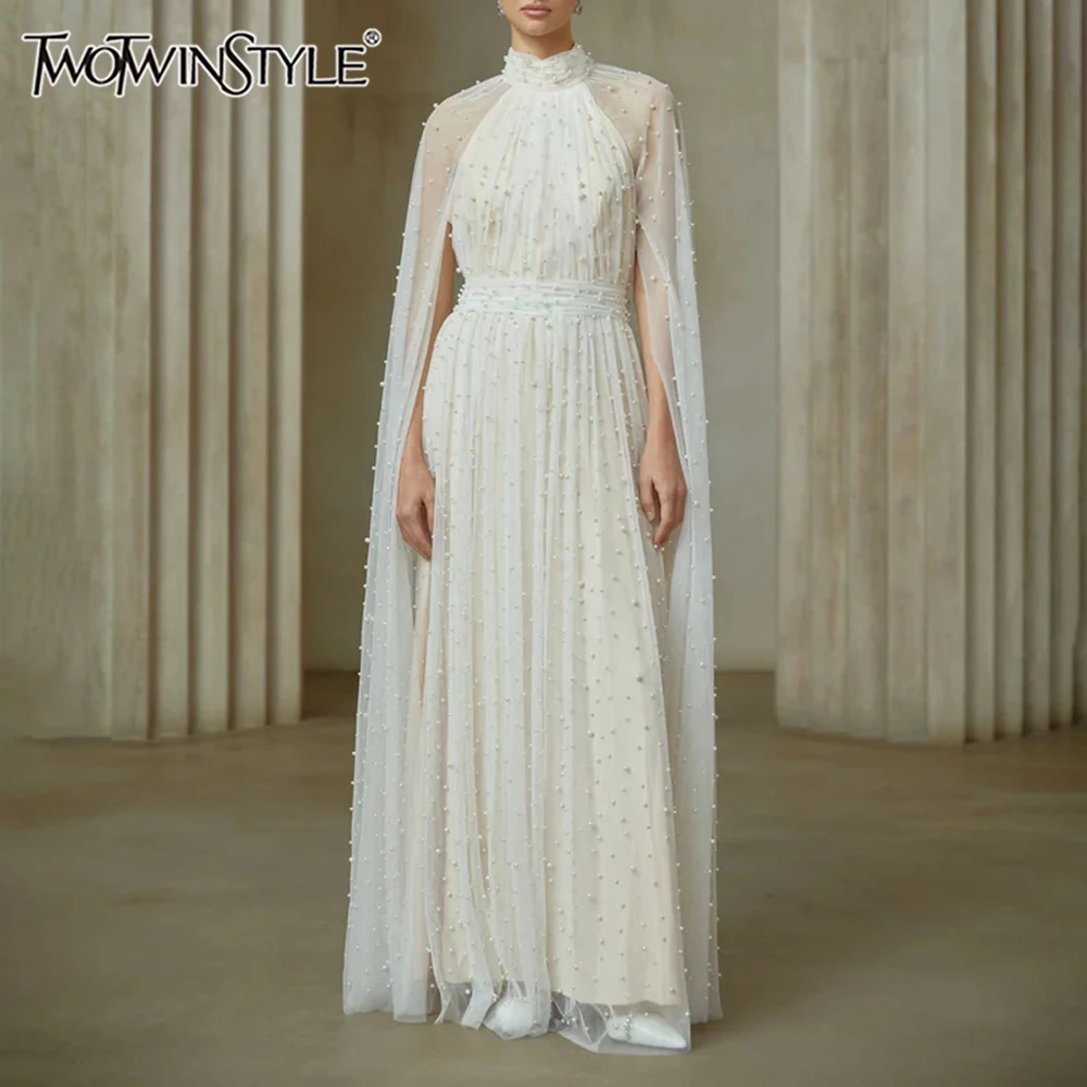 TWOTWINSTYLE Solid Sheer Spliced Bead Luxurious Dresses for Women Stand Neck Long Sleeves Tunic Patchwork Shirring Dress Female