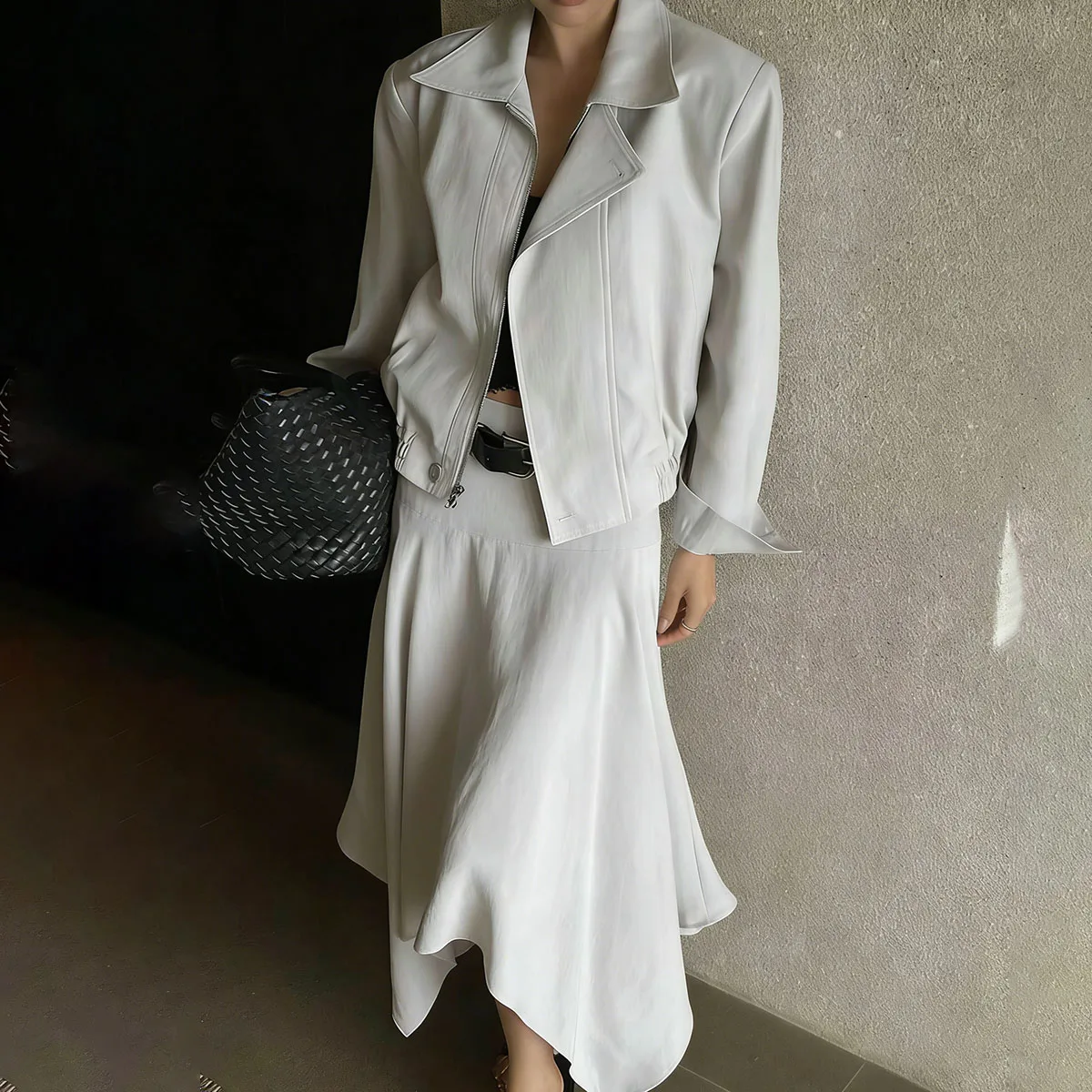 

2026 Spring Autumn Women Solid Zip Lapel Jacket High Waist Asymmetric Skirt Office Lady Casual Two Piece Outfits