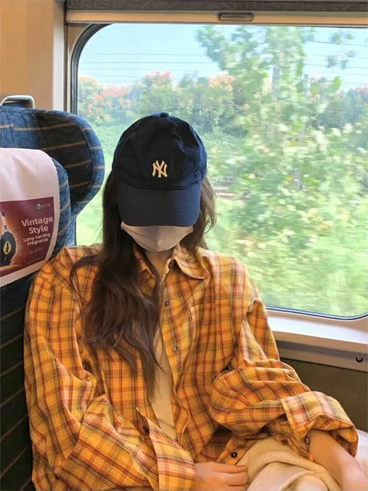 

Yellow Plaid Loose Casual irt Women's Autumn Lazy Sle American Brand Button European Goods Ladies Premium Faion irt