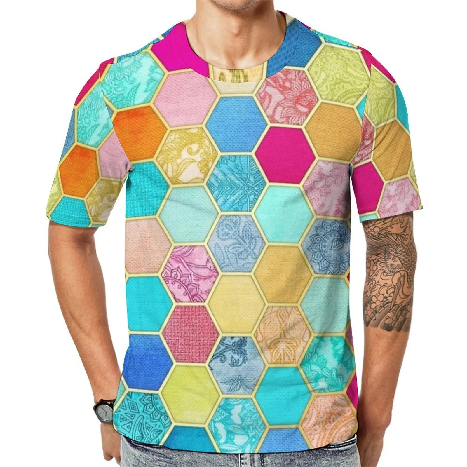 Colorful Patchwork Hexagon Print T Shirt Retro T Shirts Man Kawaii Tee Shirt Premium Short Sleeves Custom Top Tees Plus Size 6XL
