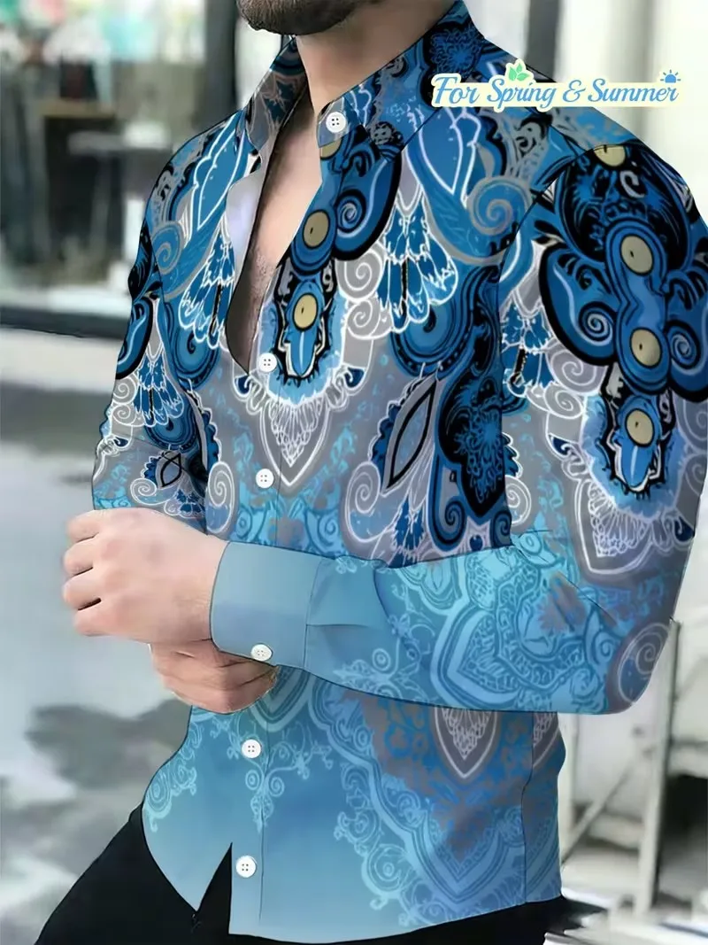 New black and white flowing curve art printed shirt, light luxury abstract men's slim fit long sleeved shirt