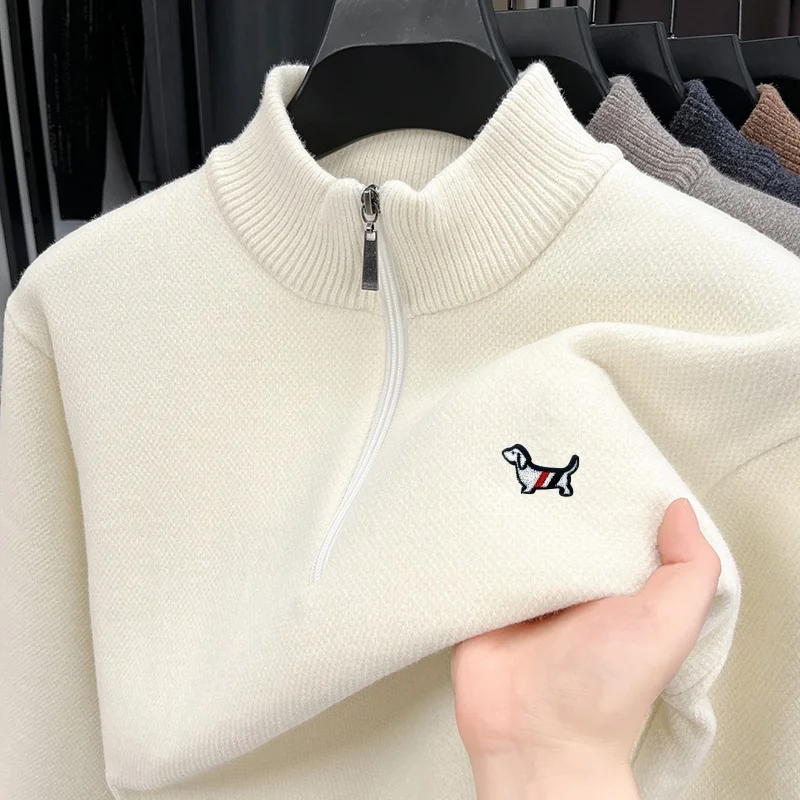 

Designer Quality Men's Half Zipper Stand Up Collar Knitted Sweater Winter Hot Sales Dog Print Thickened Warm Commuter Men'swear
