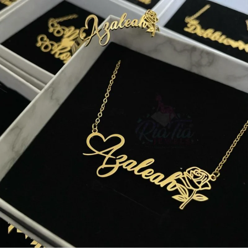 Custom Rose Flower Name Necklace Women Girl Jewelry Stainless Steel Gold Color Personalized Nameplate Pendant Necklace BFF Gift