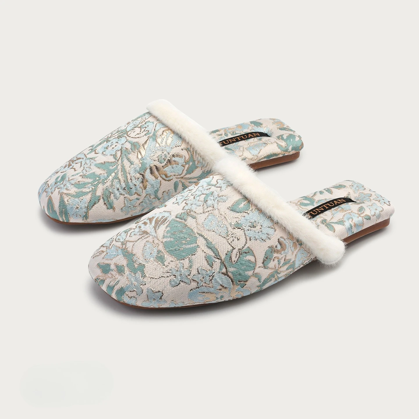 الخريف الشتاء صوف مبطن الأزهار نمط الجاكار النمط الصيني النعال القطنية الدافئة للاستخدام المنزلي للنساء مع زخرفة فرو المنك