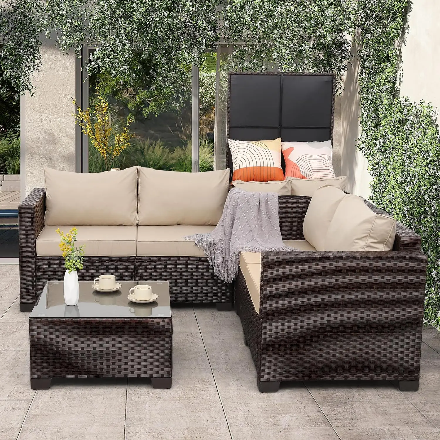 Patio Furniture Set 4 Piece Conversation Sets Brown Rattan Outdoor Couch Loveseat Wicker Sectional Sofa with Storage Box Glass T