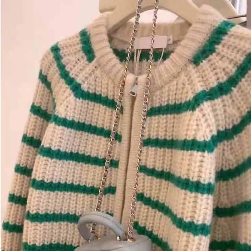 Green Striped Zipper Knit Cardigan Women Autumn Winter Casual Loose Sweater Top Thicken Simple Style Warm Coat Female Knitwear