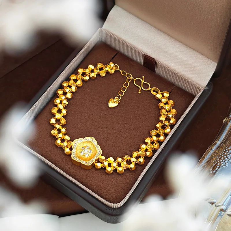 Luxury 24K 9999 Pure Gold real gold Women's Point Drill Brushed Five-petal Flower Didi Bead Woven Bracelet
