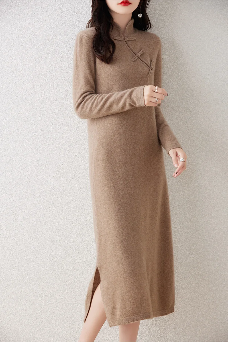 Chinese Style Sweater Dress for Women, 100% Merino Wool, Round Neck, Buckle Slit, Autumn and Winter, Official, New