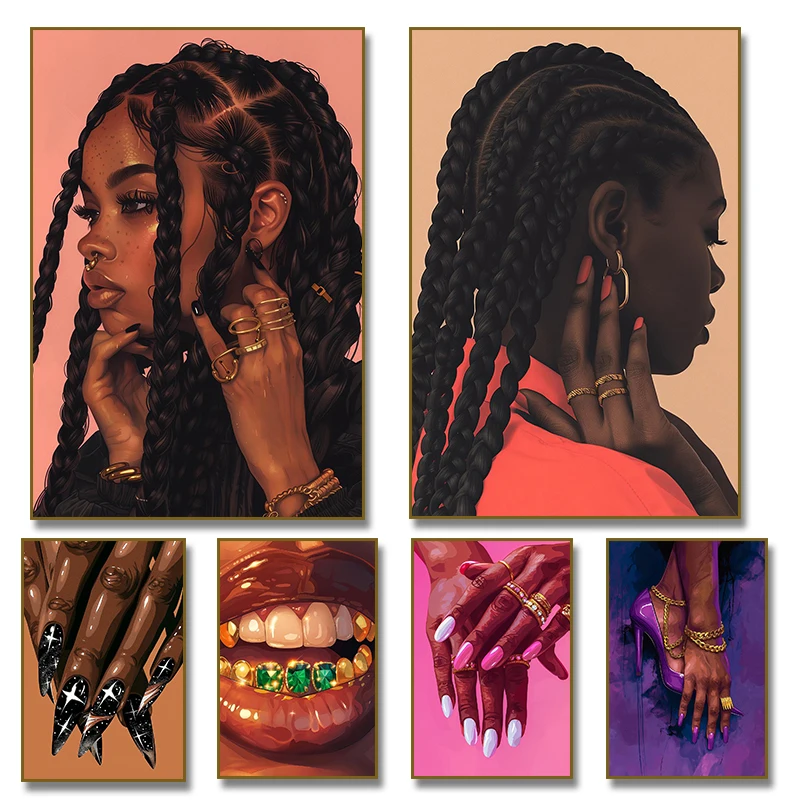 Schöne Schwarze Frau Mädchen Rosa Nägel Lippen Poster Leinwanddruck Mode Wandkunst für Wohnzimmer Heim-Dekoration Cuadros