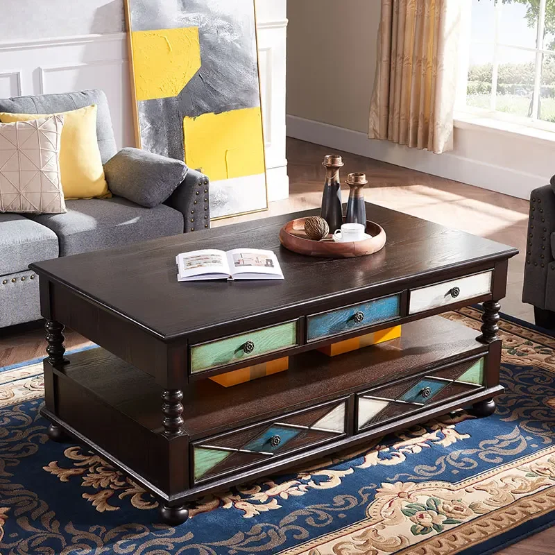 

Solid Wood Coffee Table TV Cabinet Combination Mediterranean Simple Small Apartment Living Room Retro Tea Table Complete Set