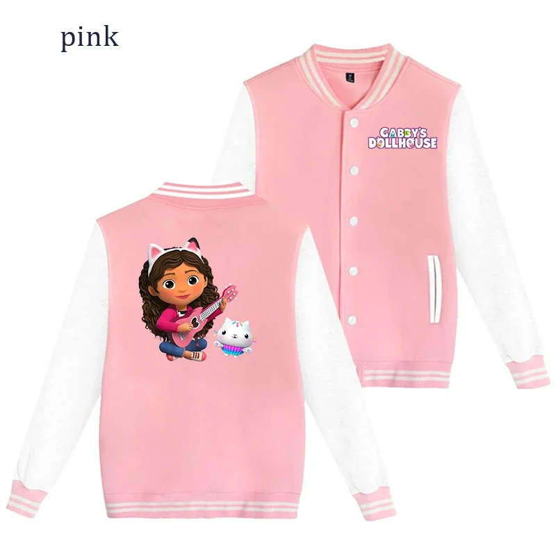 Gabby Dollhouses Children Pink Baseball Uniforms Cartoon Anime Plush Long Sleeved Jacket Overcoat Clothes Kids Birthday Gifts