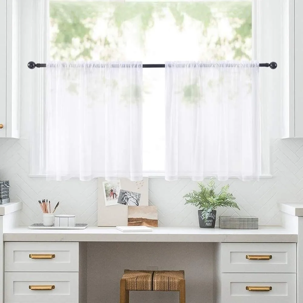 Light Filtering Short Curtains Solid Color Through-rod Design Tulle Curtains Transparent Gauze Valance Curtains Cabinet