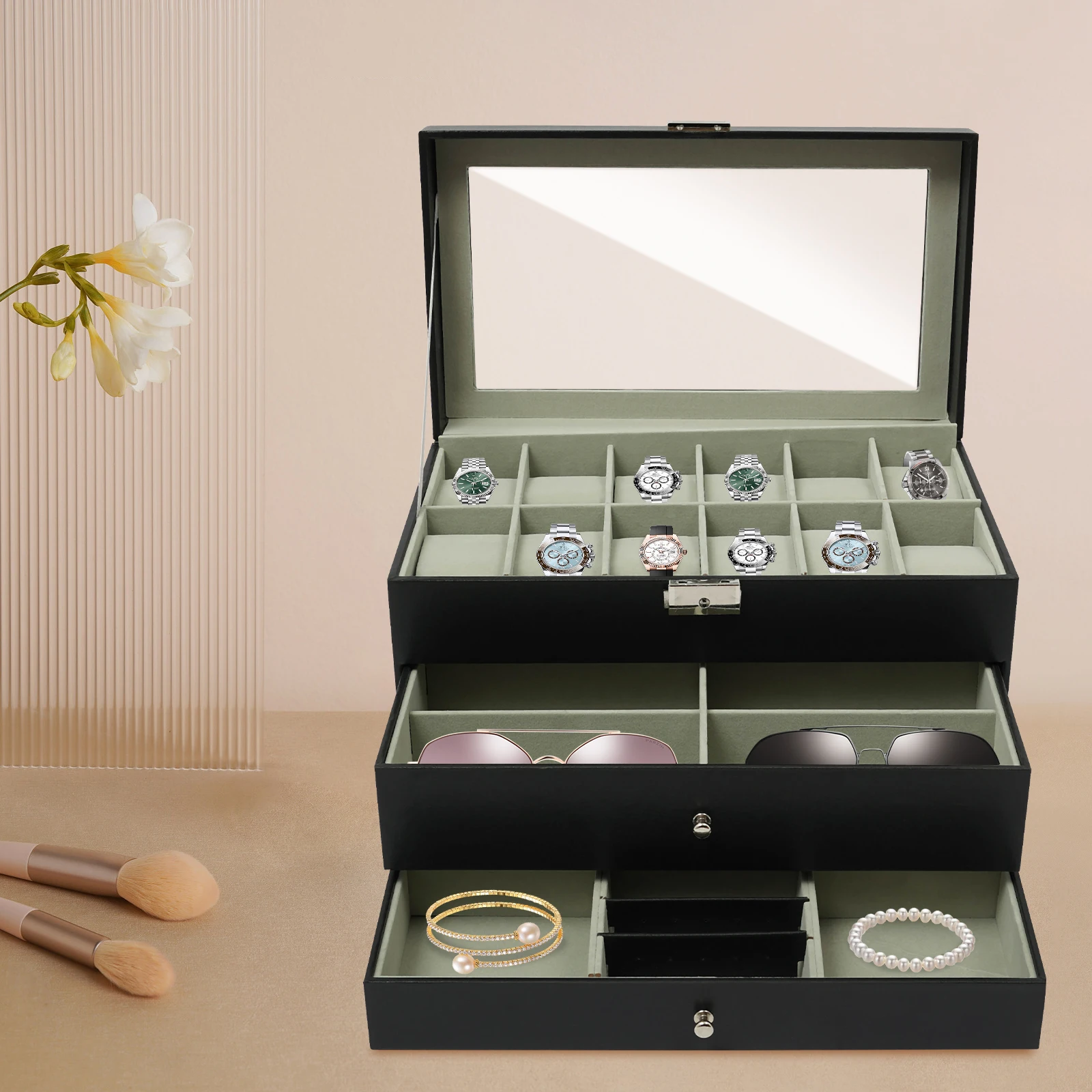 

Шкатулка для драгоценностей, настольный шкаф для драгоценностей, футляр для часов, коробка для часов с 12 слотами, стеклянной крышкой и двумя ящиками (черный)