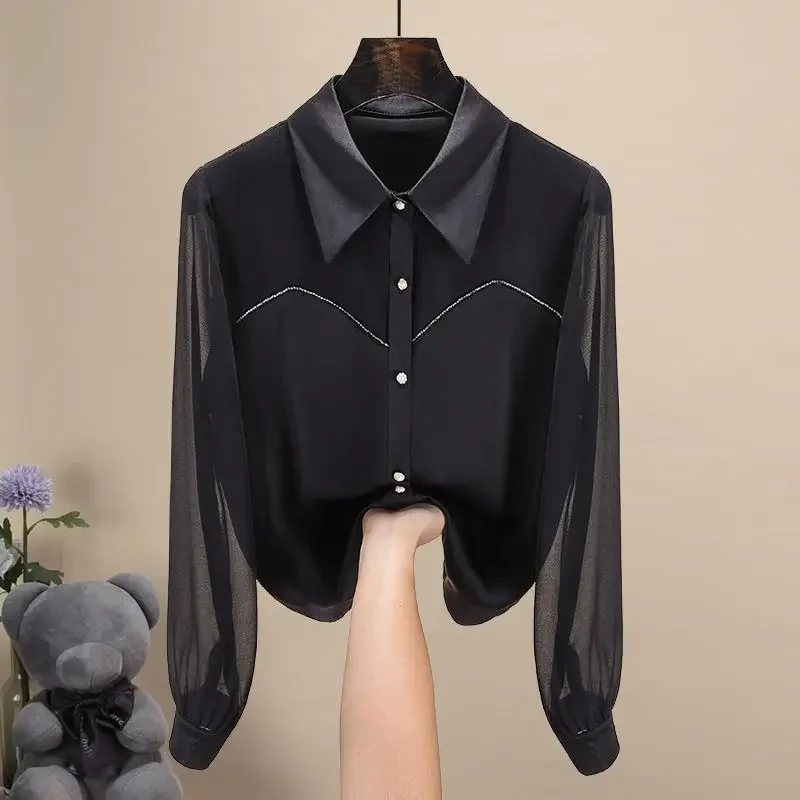 

Fashion Elegant Lady Solid Color Gauze Spliced Shirt Simplicity Turn-down Collar Chiffon Button Blouse Women's Clothing X850