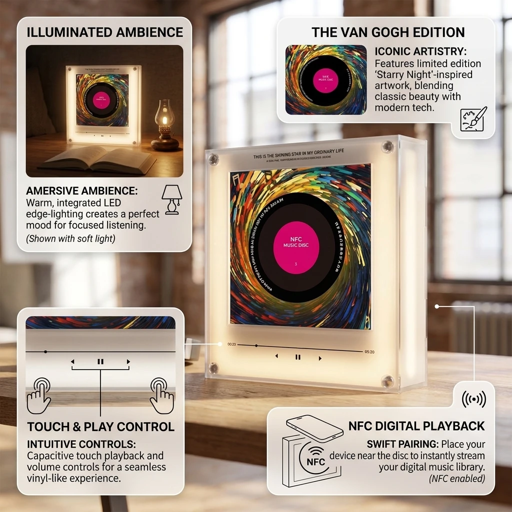 Inteligentna magnetyczna lampka LED NFC do lodówki z funkcją odtwarzania muzyki dotykiem, odtwarzacz płyt winylowych, wbudowana lampka nocna LED, magnes na lodówkę w kształcie albumu.
