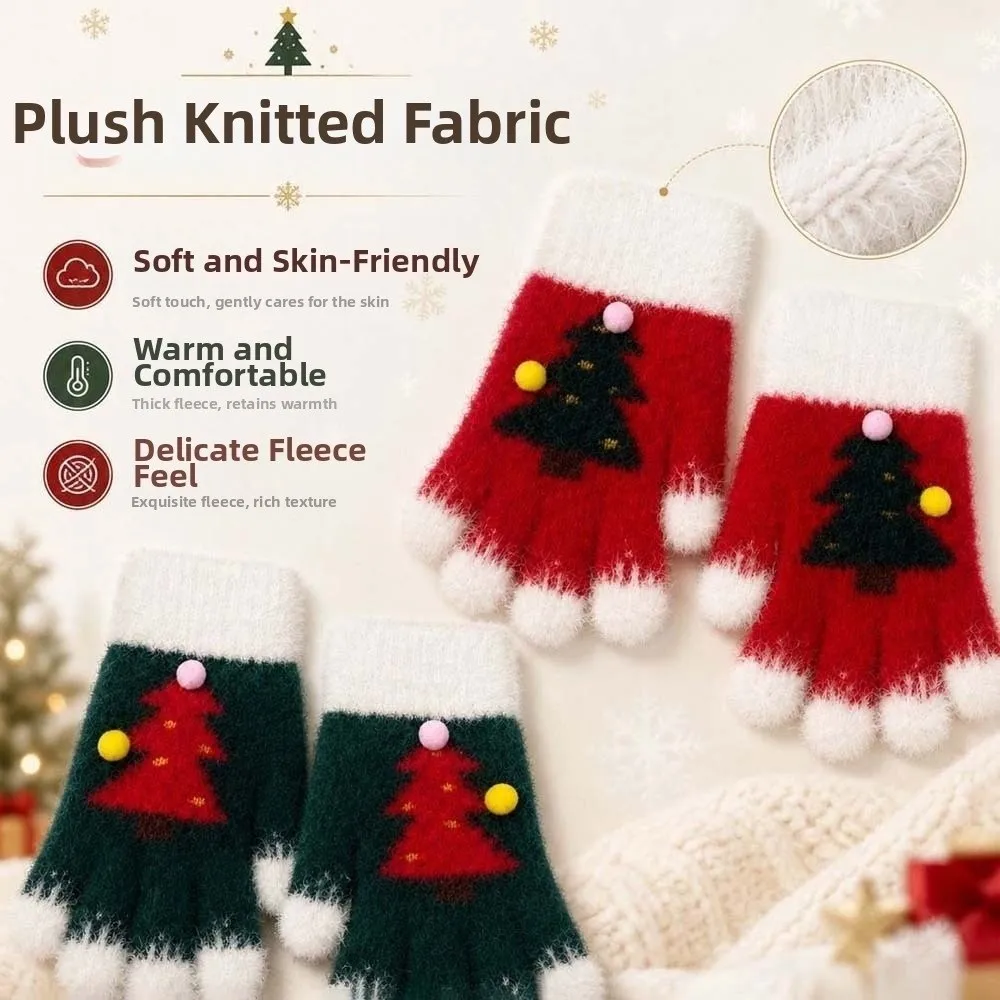 Red Green Christmas Gloves Knitted Woolen Elastic Wrist Winter Knit Mittens Cuff Soft Texture Touchscreen Full Finger