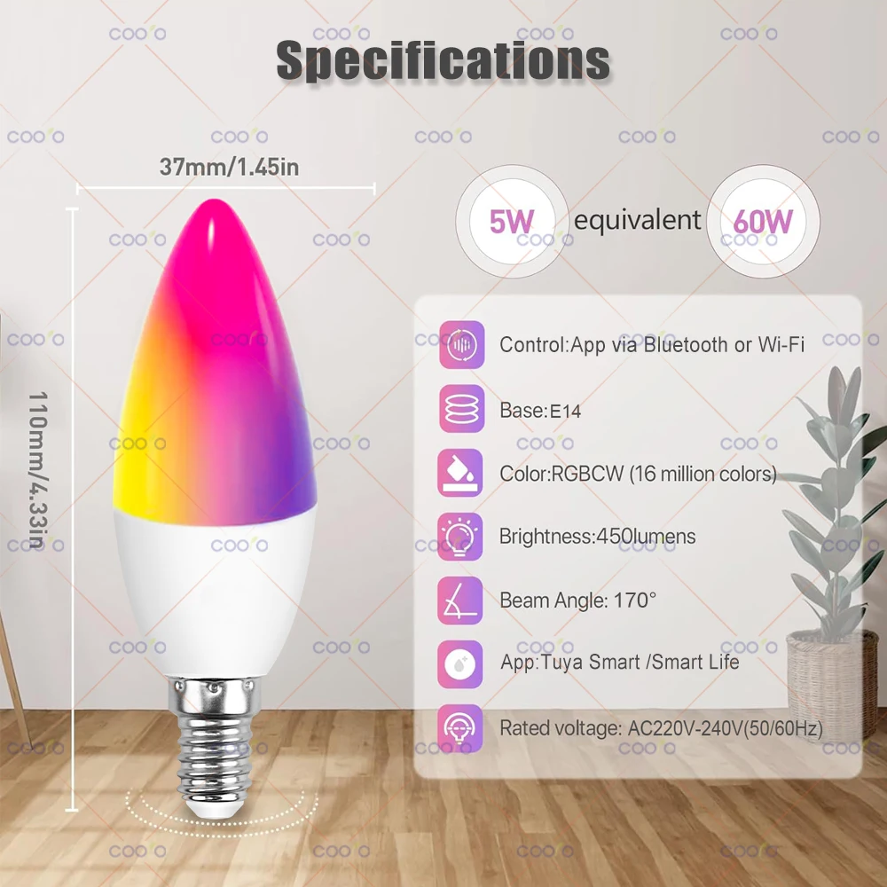 Tuya Wifi E14 Candle Lamp App Control Smart Bulb Bluetooth RGB+CW LED Light Dimmable Crystal Group Lamps Works With Alexa Google