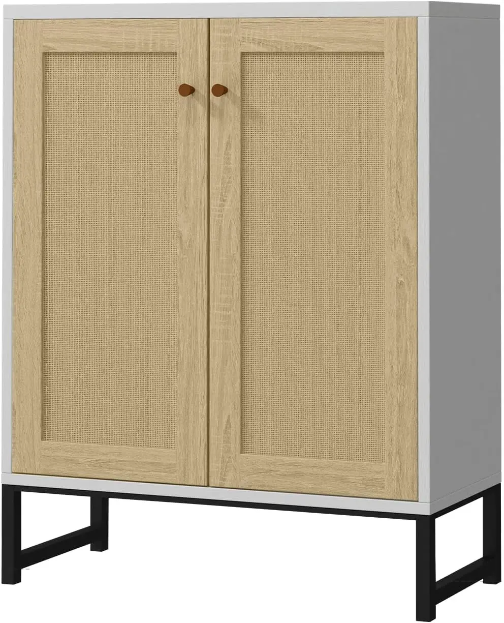 

Rattan Decorated 2 Doors Storage Cabinet Accent Cabinet Living Room Cupboard Kitchen Sideboard Buffet Table (White)