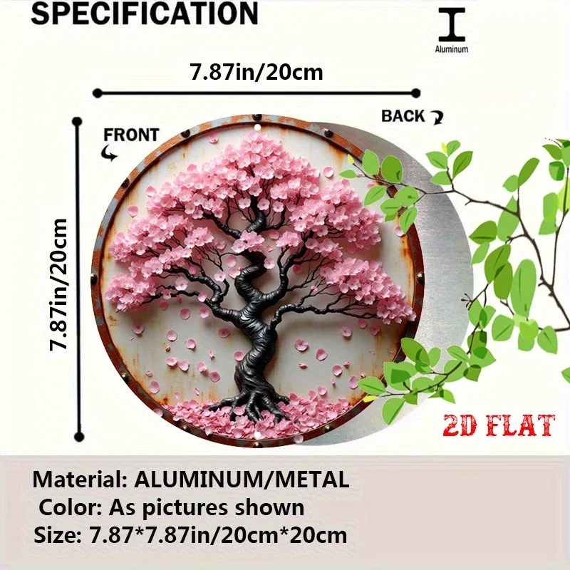 Vintage Cherry Blossom Aluminum Metal Wall Art Rustic Floral Flat Heavy Duty Round Decor Sign For Home Cafe Indoor Outdoor Ornam