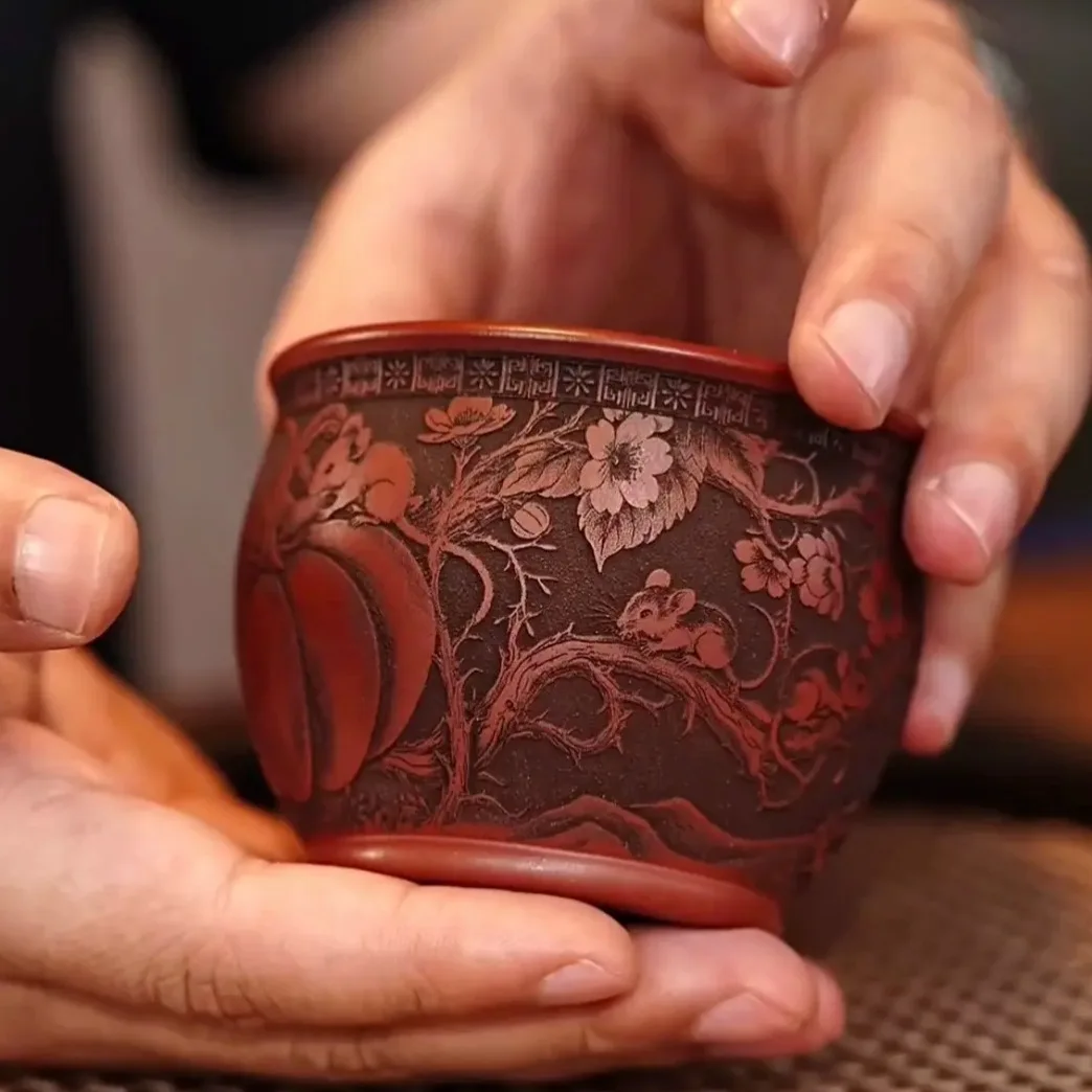 Handmade Purple Clay Cup with Carved Mouse Tea Cup Master Cup for Brewing Tea with Shell Burnt Capacity 180 Milliliters