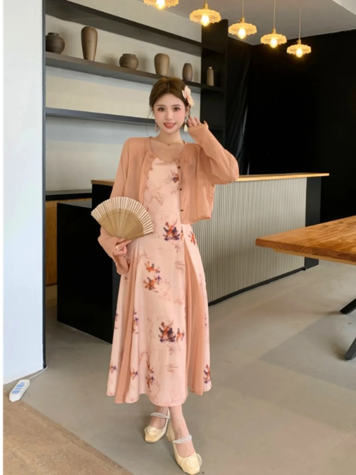 

plus Size Floral Print Wrap Dress Women's Autumn New Style A-Line Long Skirt Set Waist-Cinching Hide Belly Button-Down Long S...