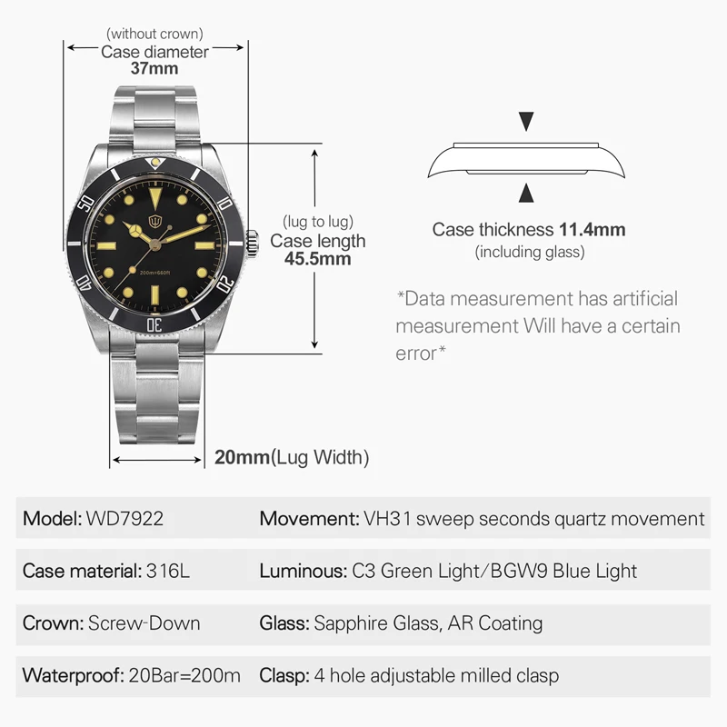 Watchdives WD7922 BB54 Vintage Watch Men VH31 Movement Sapphire Crystal 200m Waterproof Wristwatch Luminous 37mm Quartz Watches