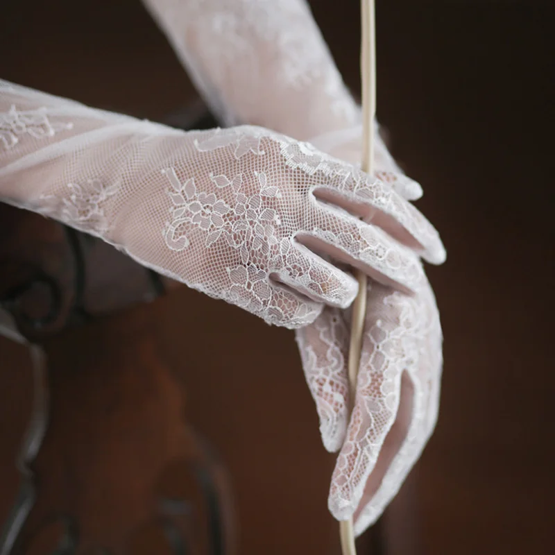 Sarung Tangan Panjang Hitam Putih Bunga Renda Tipis Seksi Wanita 55Cm Aksesori Gaun Pesta Pernikahan Pengantin Tulle Bulu Mata Jaring Transparan