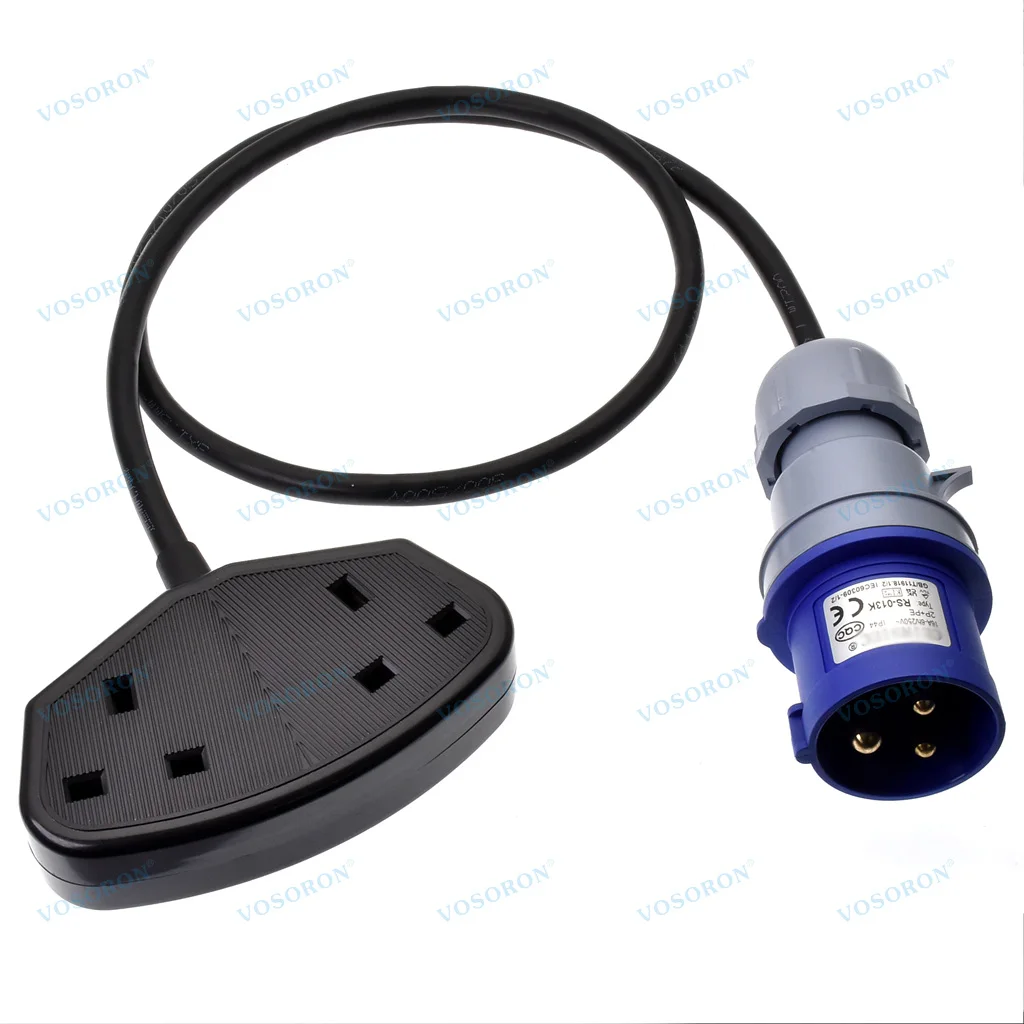 IEC60309 16A CEE 2P+E Male Plug to 2 Ways UK BS1363 Socket with 1m H05VV-F 3G 1.5mm IP44 Extension Cable