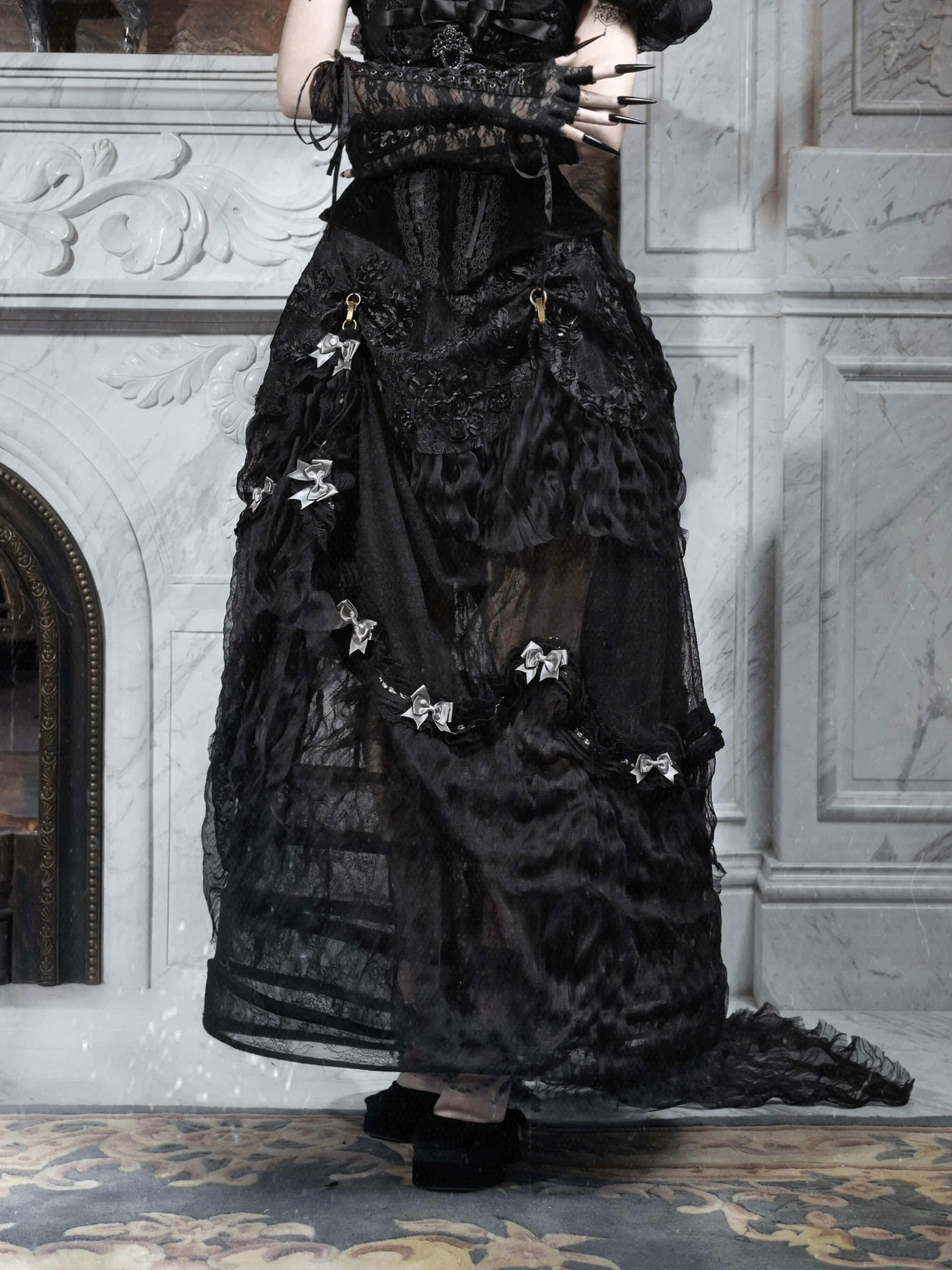 الأصلي هالوين كوس الأسود القوطية ذيل طويل تنورة 2025 جديد المرأة الفرنسية أنيقة الرجعية التنانير هيكل السمكة مشد تي شيرت مجموعة