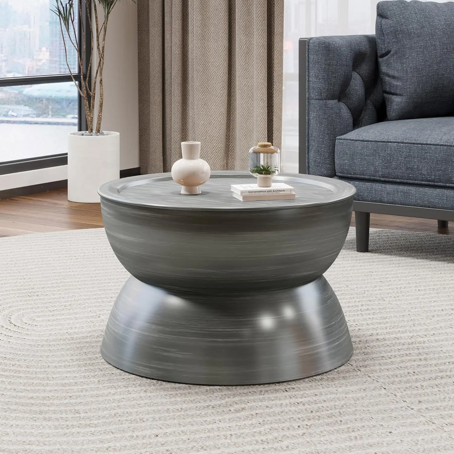 

24.25" Modern Antique Silver Coffee Table - Round Hammered Metal Top Iron Hourglass Table,