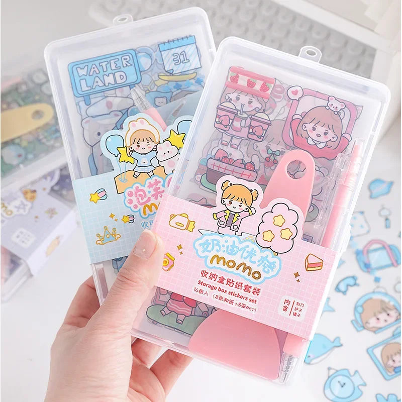 8pcs Ins Scrapbook Tool with Storage Box Straight Elbow Tweezers Utility Knife Mini Base Plate Shovel Sticker Set for Diary Tool