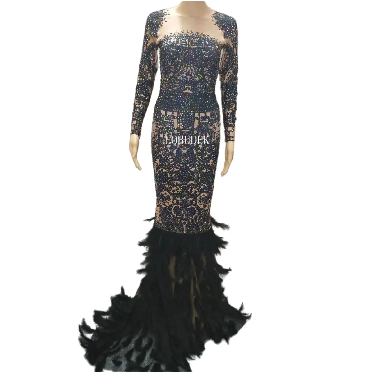 

Female Sparkly Stones Long Sleeve Dress Black Feathers Trailing Dress Nightclub Party Stage Costume Winter Bar Prom DS Clothing